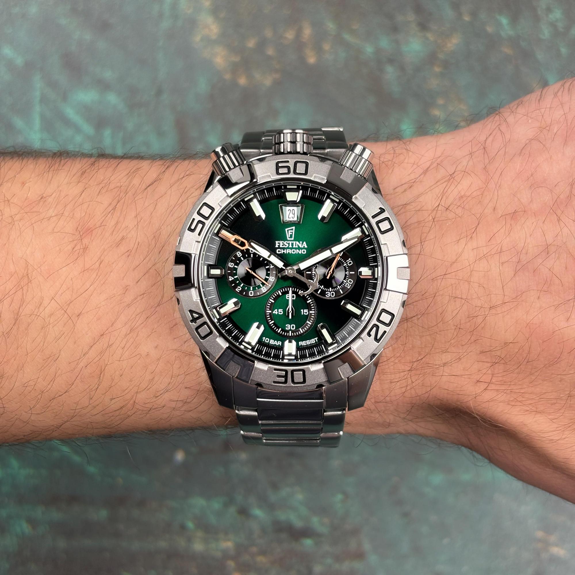 Orologio Da Uomo Festina F20743/2, Cassa E Bracciale Acciaio, Quadrante Verde, Cronografo, Calendario